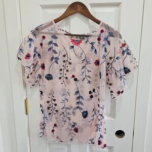 VTG Chenault Sheer Bohemian Whimsical Embroidered Floral Flutter Sleeve Top M